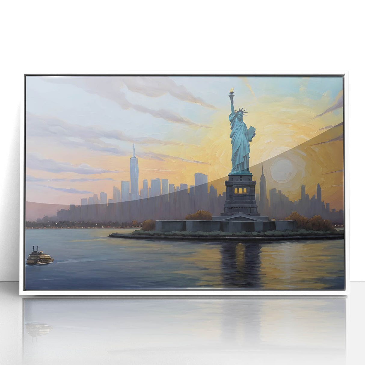 Mid-century modernist art of Ellis Island in muted blue and white tones on a framed acrylic, ideal for nursery wall decor.