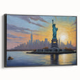 Extra large black framed canvas of Ellis Island with colorful, textured art, ideal for living room decor.