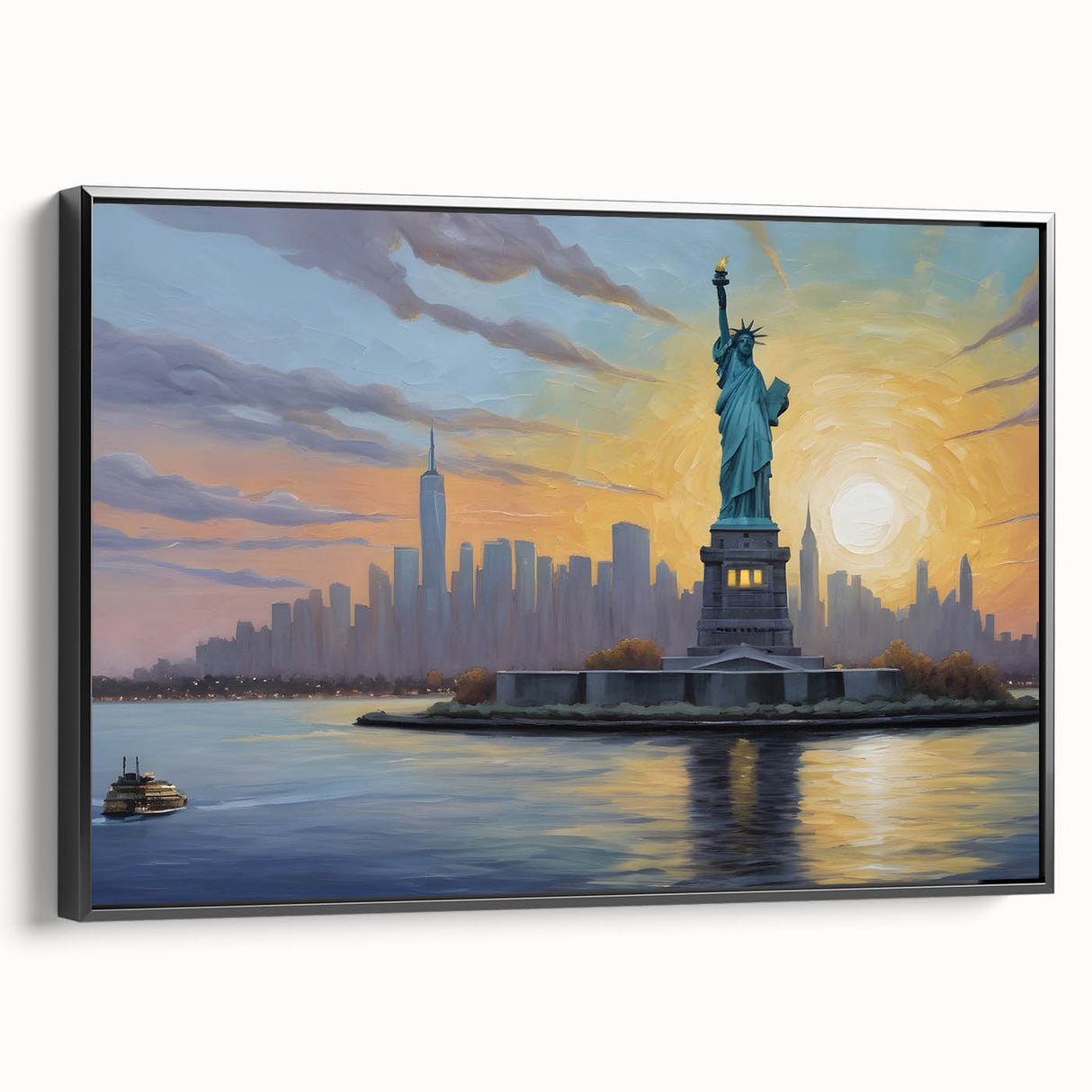 Extra large black framed canvas of Ellis Island with colorful, textured art, ideal for living room decor.