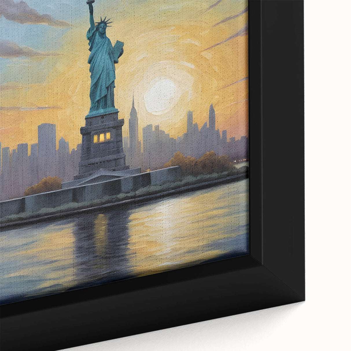 Black and white framed canvas of Ellis Island landscape, ideal for vintage-style bedroom decor.
