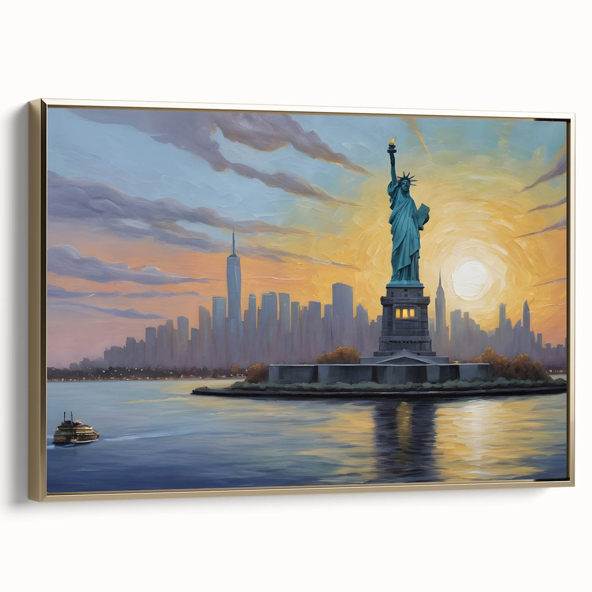 Framed canvas depicting Ellis Island with a vintage poster art style in black and gold, ideal for bedroom wall art.