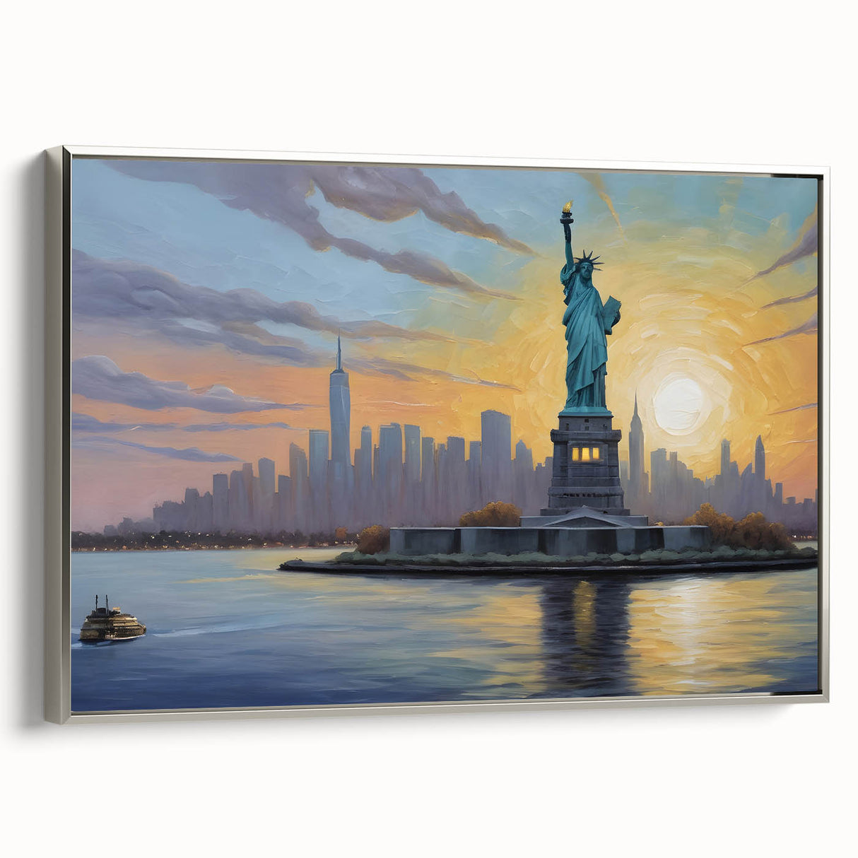 Framed canvas of a vintage-style New York City skyline in muted black with colorful accents, ideal for office decor.