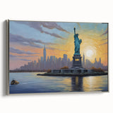 Framed canvas of a vintage-style New York City skyline in muted black with colorful accents, ideal for office decor.
