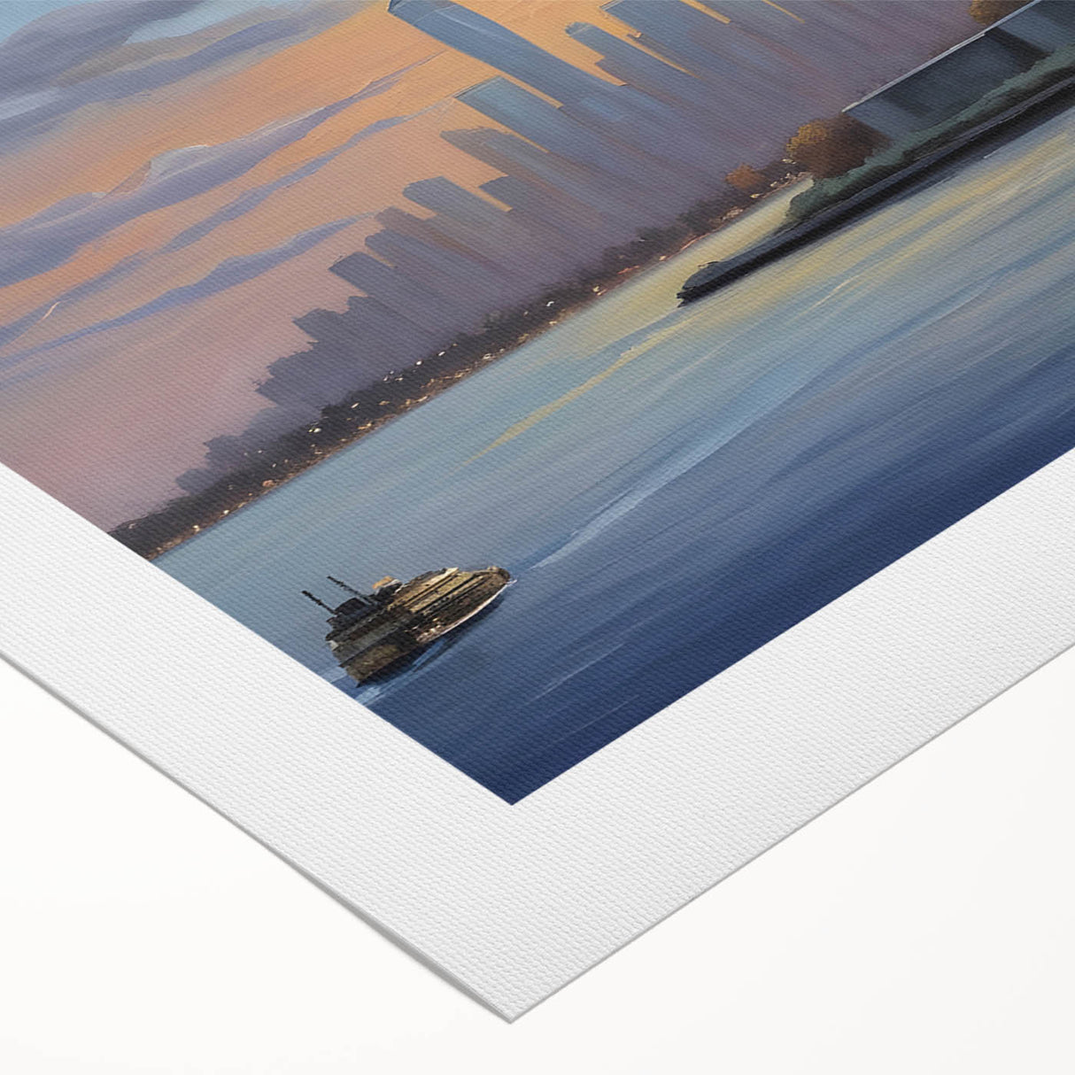 Art Deco poster featuring Ellis Island with muted blue and gray tones on rolled canvas, suitable for dining room decor.