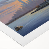 Art Deco poster featuring Ellis Island with muted blue and gray tones on rolled canvas, suitable for dining room decor.