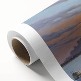 Art deco poster of Ellis Island with muted blue and peach tones on rolled canvas.