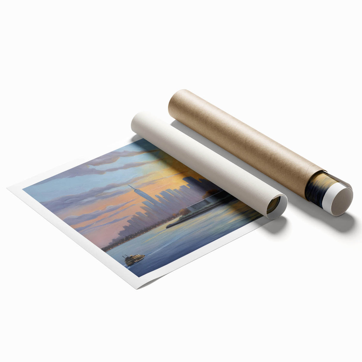 Extra large rolled print of Ellis Island with muted floral designs, ideal for classy bathroom wall art.