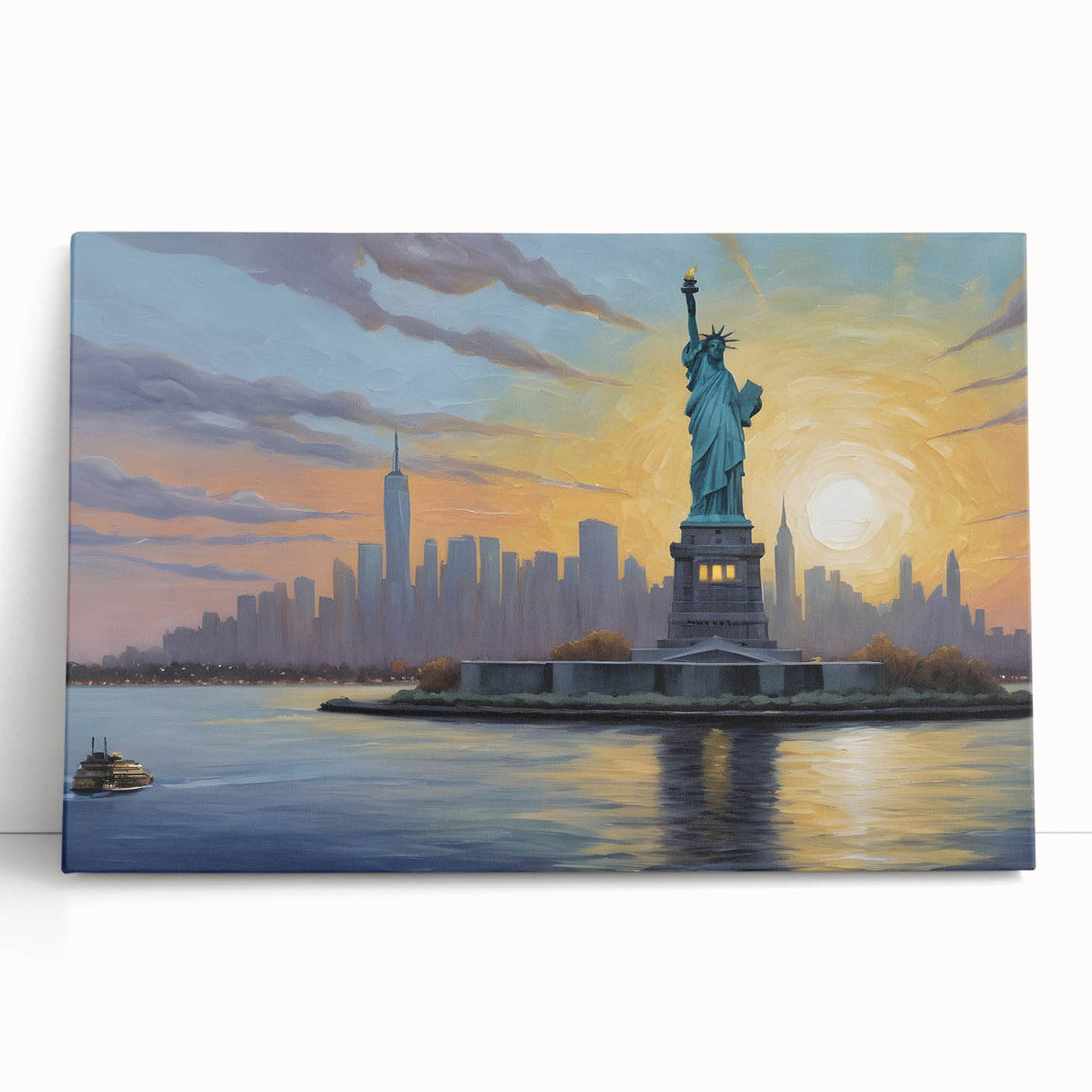 Black and white photograph of Ellis Island on stretched canvas, suited as large kitchen wall art.