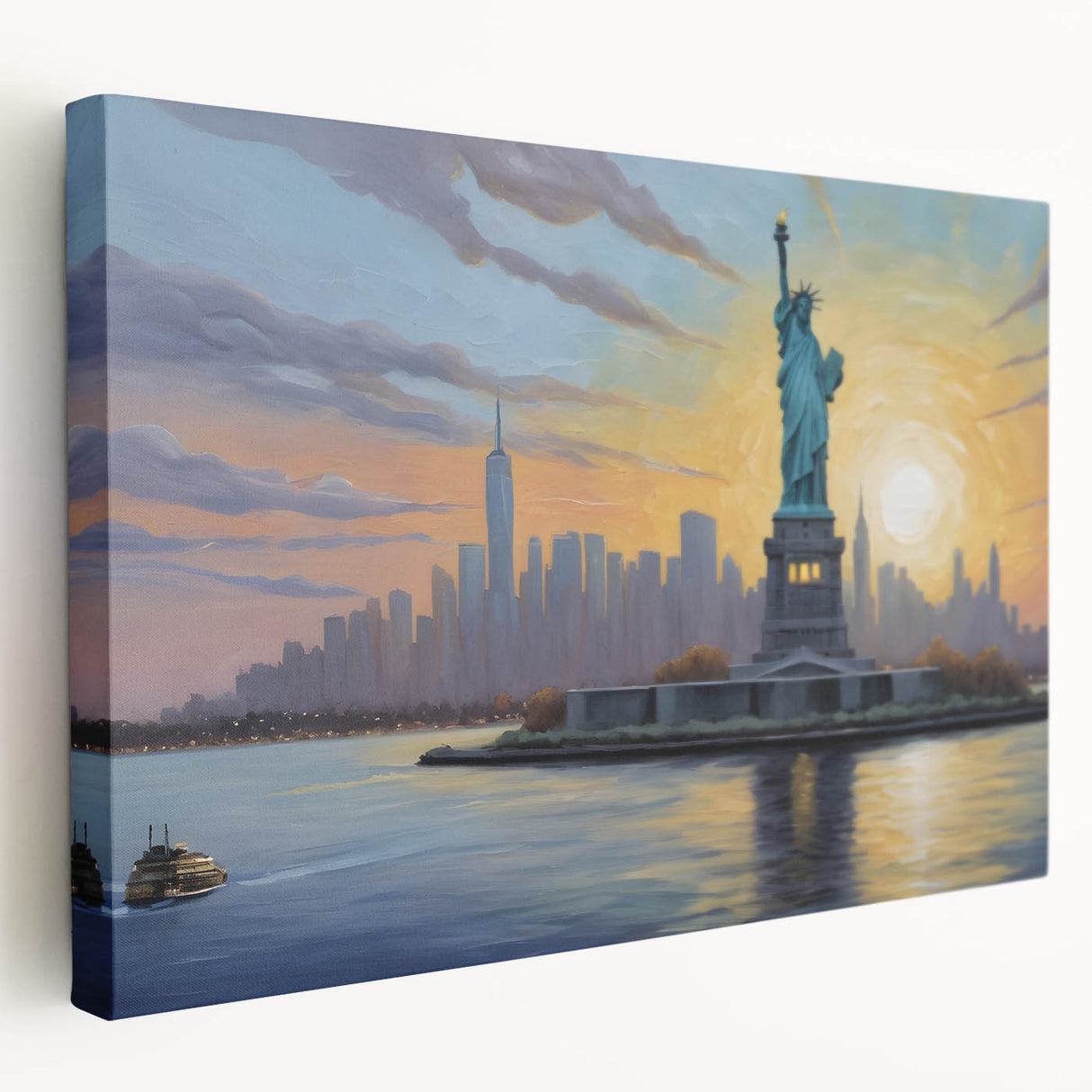 Black and white photograph of Ellis Island on stretched canvas, ideal for kitchen wall art or bedroom ambiance.