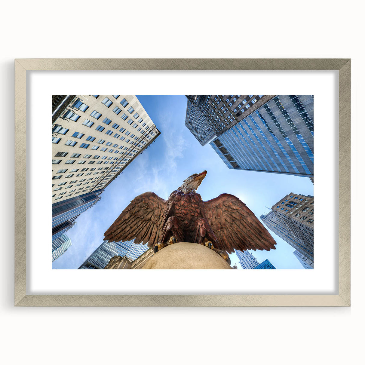Textured art of abstract NYC Grand Central in muted silver and gray tones on a framed print, ideal for bedroom art.