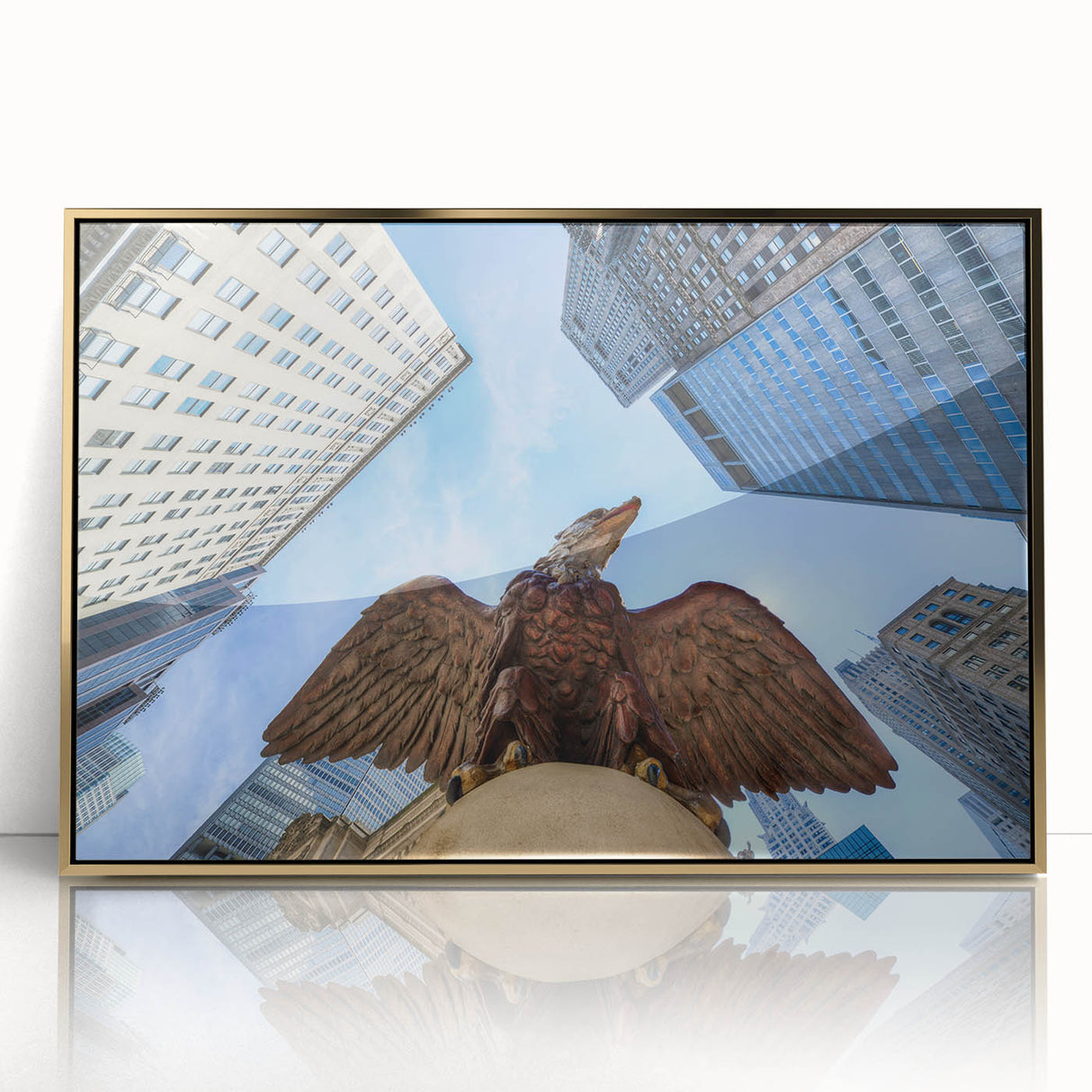 Large art print of Grand Central Station in muted gold and gray tones, acrylic framed, mid-century modern style.