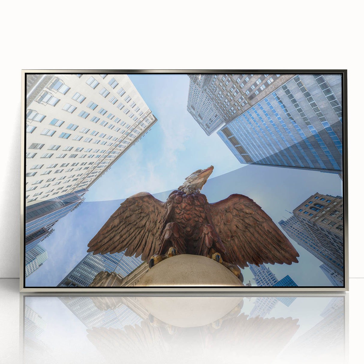 Mid-century modernist art of NYC's Grand Central in muted tones on framed acrylic, suitable for modern art wall decor.