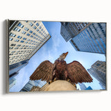 Framed canvas of a vintage-style New York City landscape with vibrant colors and black accents, ideal for office decor.