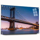Acrylic print of the Manhattan Bridge in muted gray and blue tones, ideal for modern bedroom or dining room decor.