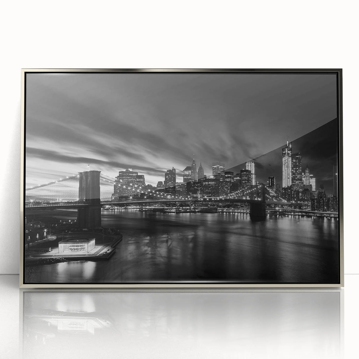Mid-century modernist art depicting Manhattan skyline in monochrome silver tones on framed acrylic.
