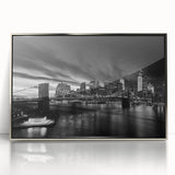 Mid-century modernist art depicting Manhattan skyline in monochrome silver tones on framed acrylic.