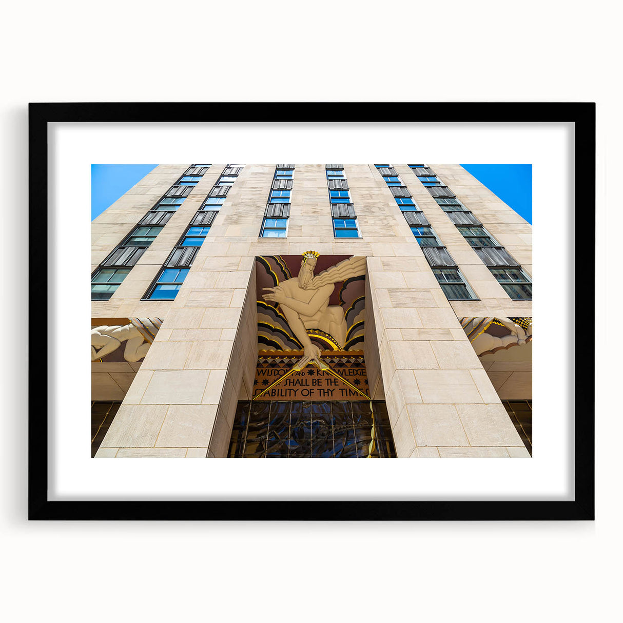 Extra large abstract art print of colorful, textured New York City skyline on a black framed canvas.