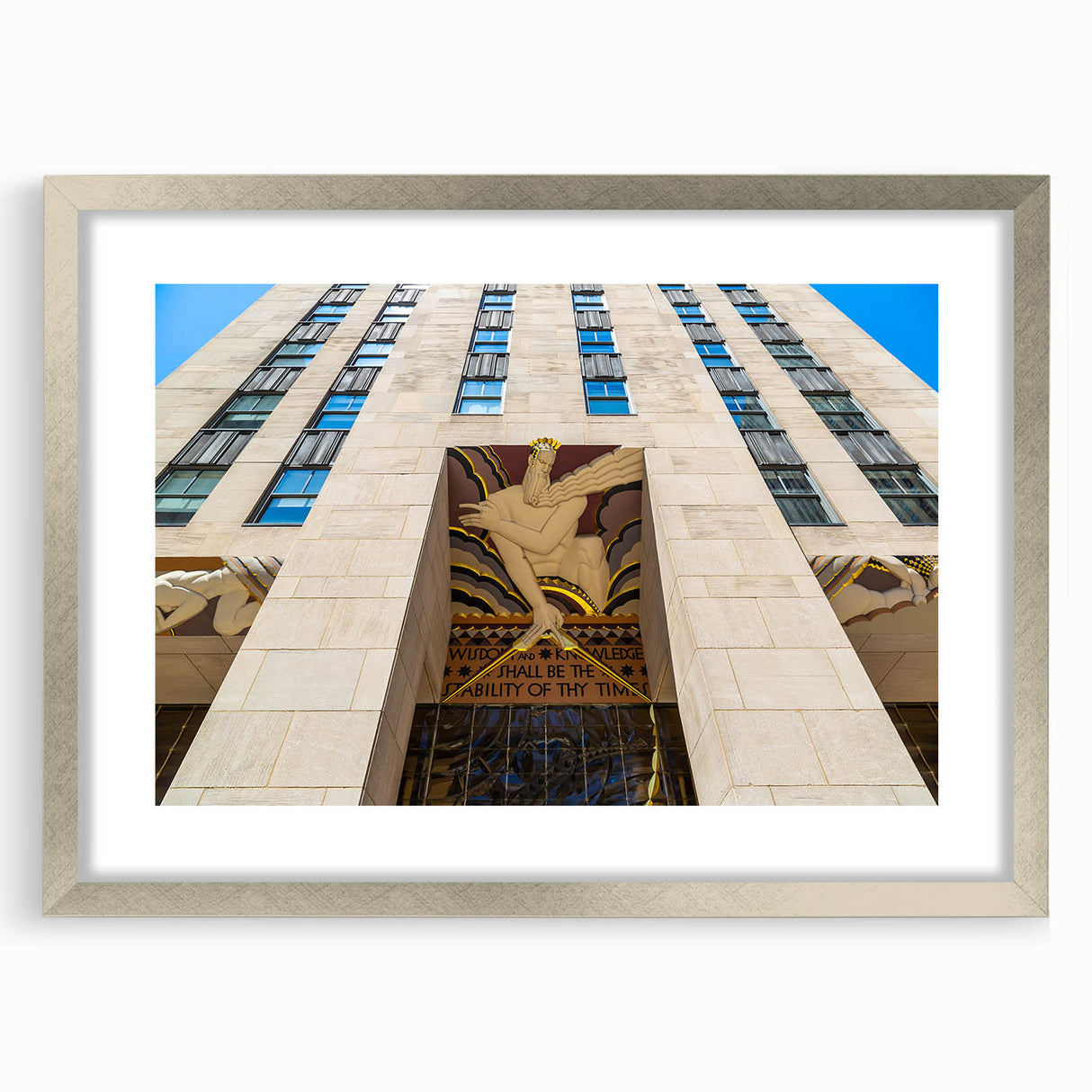 Textured abstract art print of NYC skyline in muted gray tones on a framed silver mat, ideal for bedroom art.