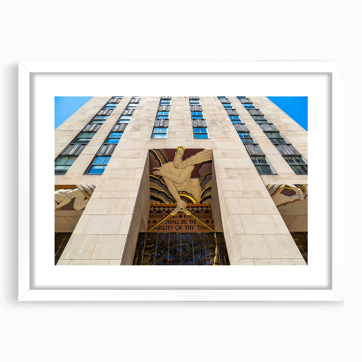 Abstract art print of NYC Rockefeller scenery in muted gray tones on a white framed poster, suitable for dining room decor.