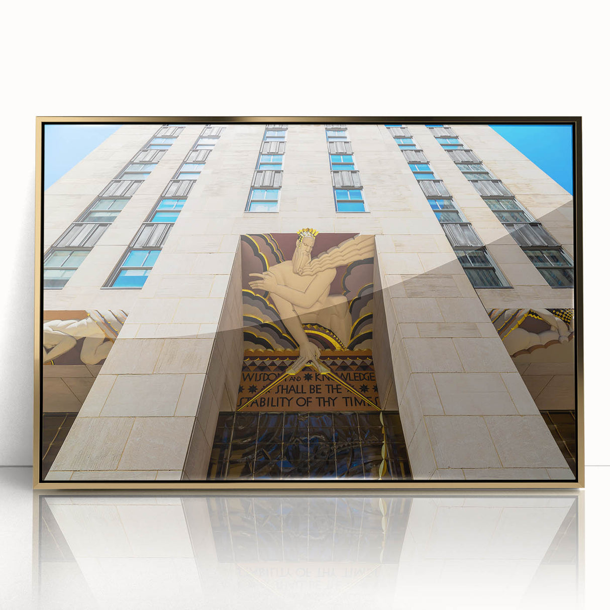 Acrylic print of New York City from Rockefeller Center in gold tones, framed, mid-century modernist style.