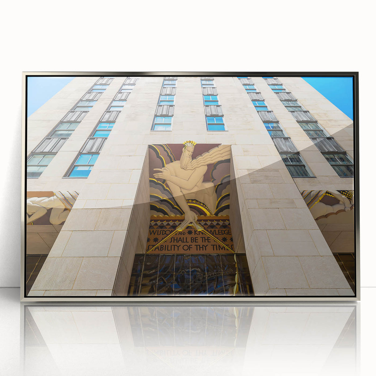 Mid-century modernist art depicting the New York City skyline in muted gray and blue tones, framed acrylic print.