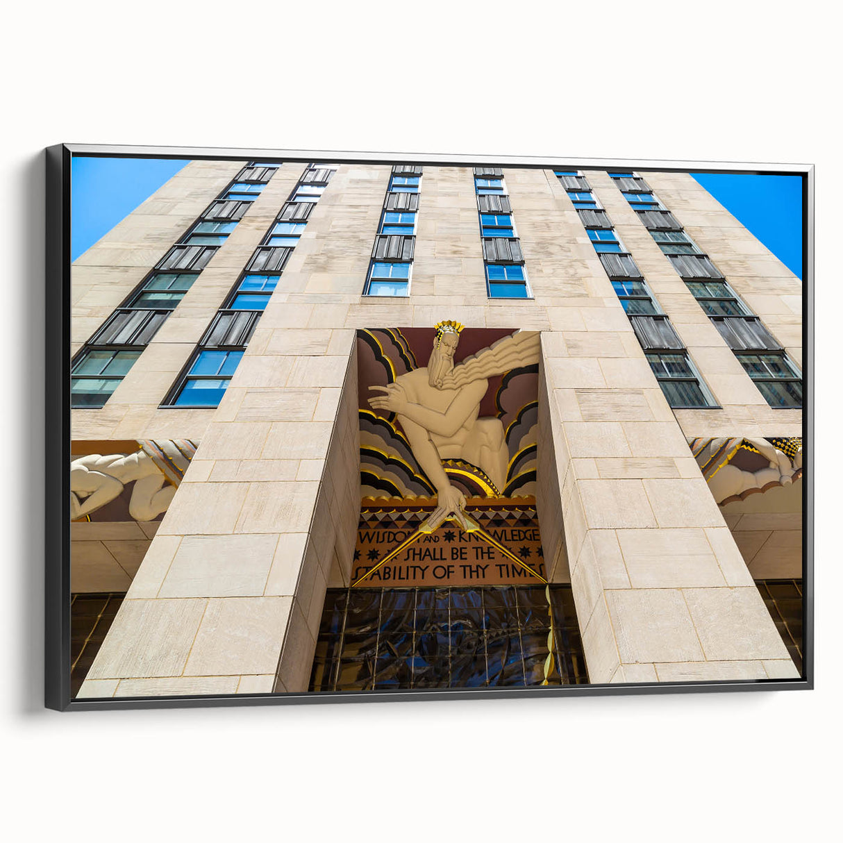 Black and white wall art of the NYC skyline from Rockefeller, framed canvas, suitable for bedroom ambiance.