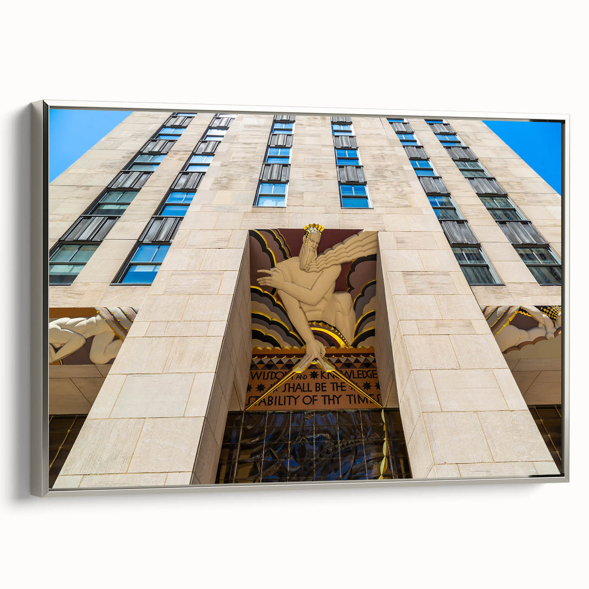 Framed canvas of a vintage New York City skyline in black with colorful accents, ideal for modern office decor.