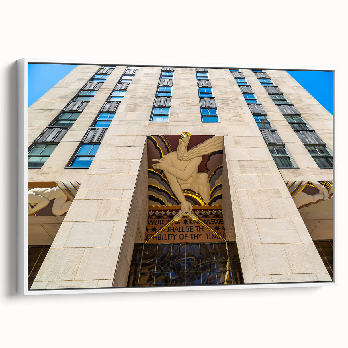 Vintage poster art of NYC Rockefeller Center in muted colors on a large framed canvas, suitable for living room decor.