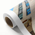 Art Deco style New York City skyline in muted gray and blue tones on rolled canvas.