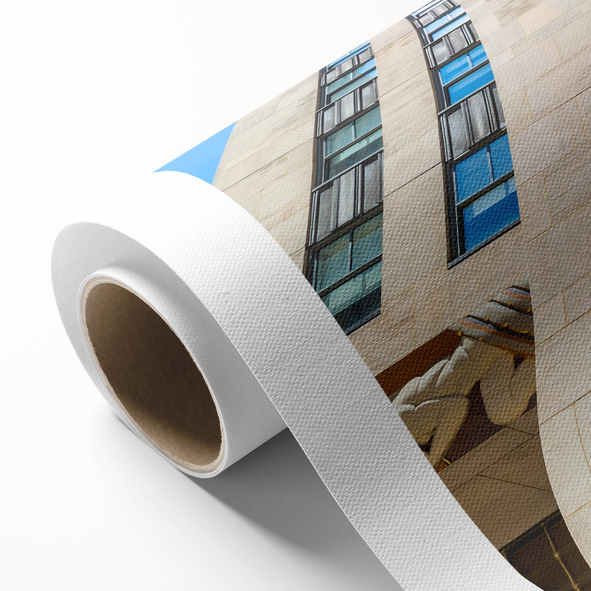 Art Deco style New York City skyline in muted gray and blue tones on rolled canvas.