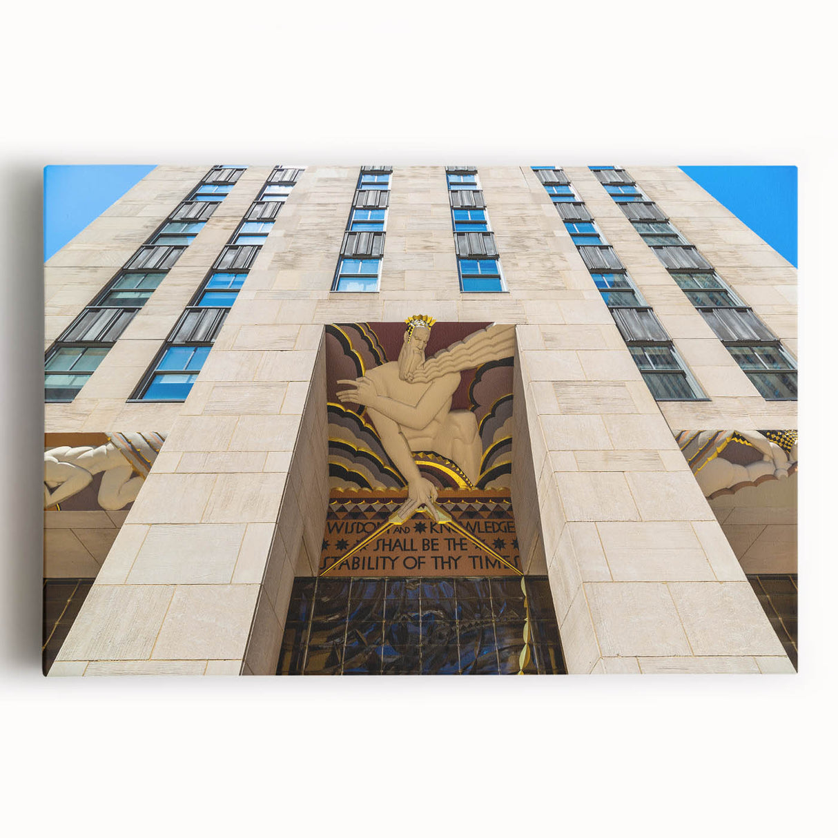 Black and white photo of NYC from Rockefeller Center on large stretched canvas, suitable for kitchen wall art.