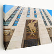Side view of a stretched canvas featuring a monochrome New York City skyline, suitable for kitchen wall art.