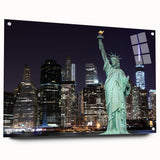 Acrylic print of the Statue of Liberty with a muted color palette, suitable for dining room decor.