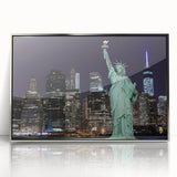Mid-century modernist art of the Statue of Liberty in pastel shades on a silver-framed acrylic print.