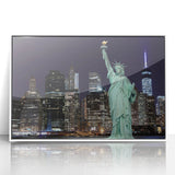 Art deco poster of the Statue of Liberty in muted gray tones on a white framed acrylic, suitable for modern art wall decor.