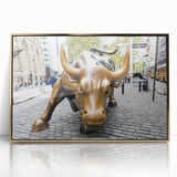 Acrylic print of NYC skyline with gold frame, in mid-century modernist style, suits modern art wall decor.
