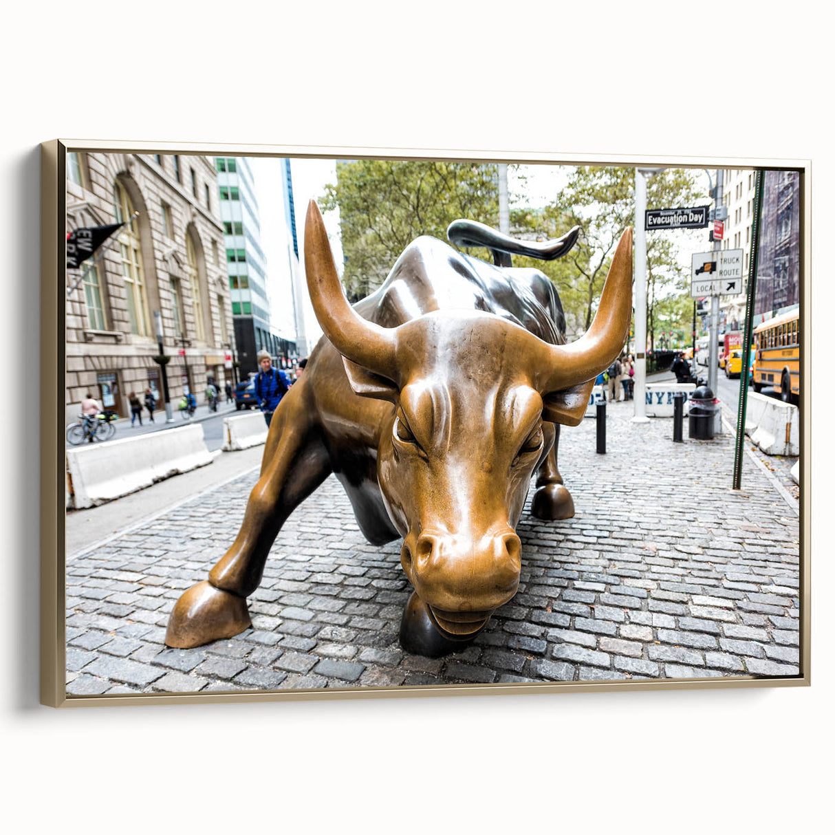 Framed canvas of a vintage New York City landscape in black and gold tones, suitable for bedroom wall art.