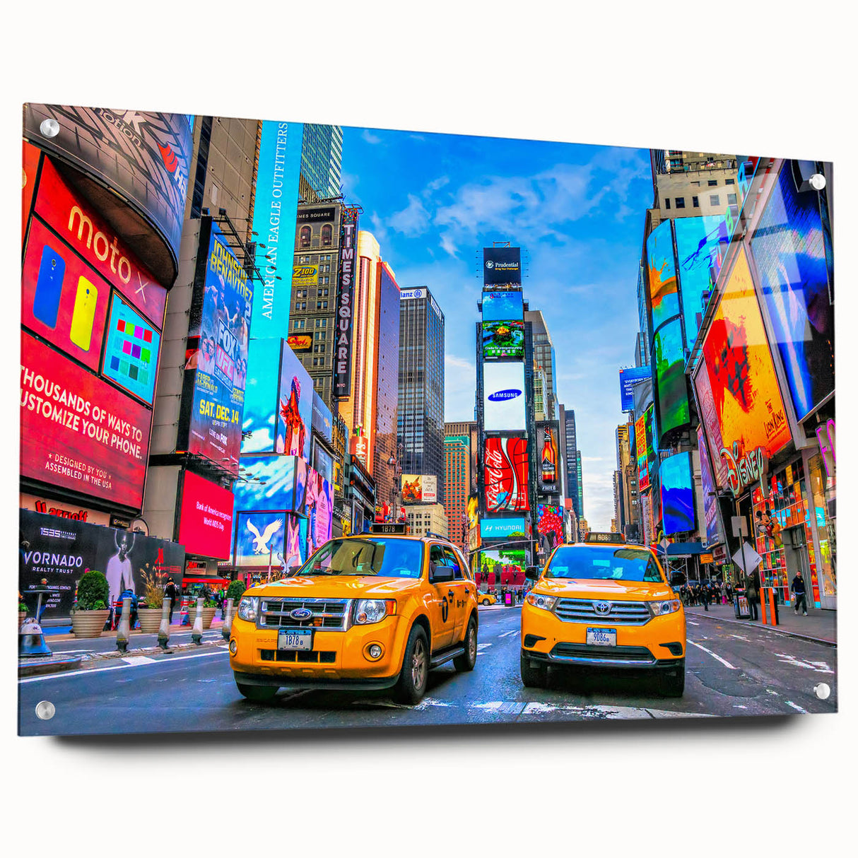 Acrylic print of Times Square with vibrant colors and busy urban scenery, suitable for bedroom or dining room decor.