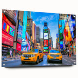 Acrylic print of Times Square with vibrant colors and busy urban scenery, suitable for bedroom or dining room decor.