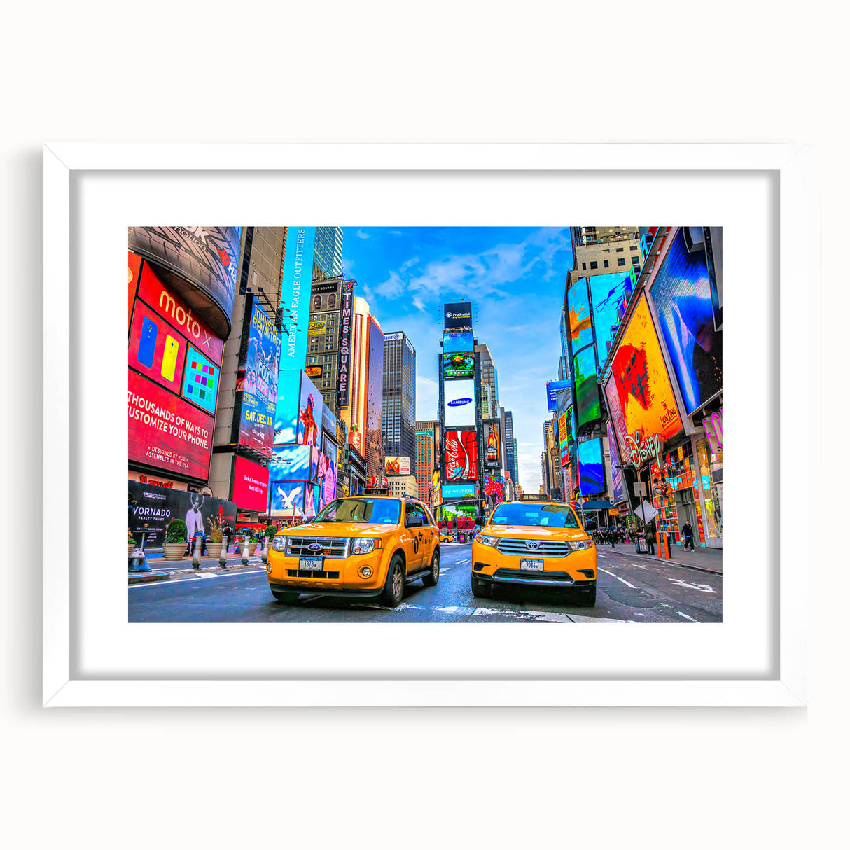 Abstract art print of New York City's Times Square in vivid colors on a framed white mat, suitable for dining room decor.