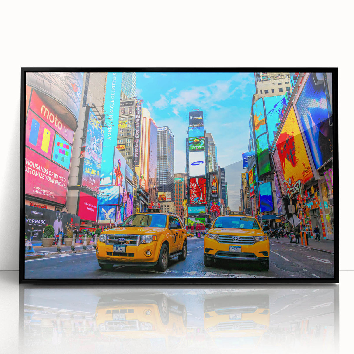 Large abstract wall art of NYC Times Square in black and white tones, acrylic print, framed.