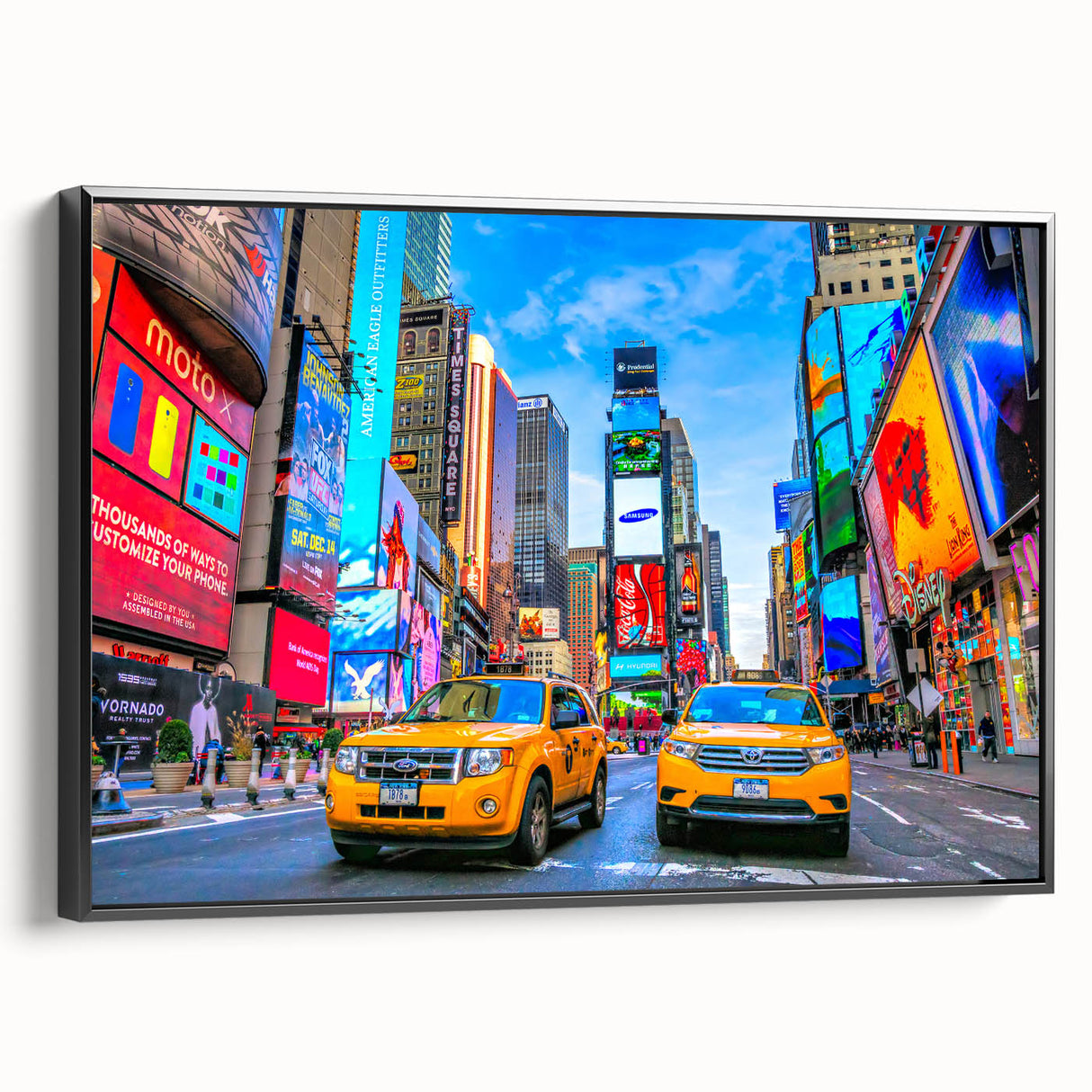 Black and white framed canvas of Times Square, ideal for bedroom wall art with a vintage poster style.