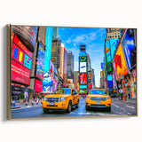 Vintage poster art of Times Square with muted gold and black tones on a framed canvas, ideal for bedroom wall decor.