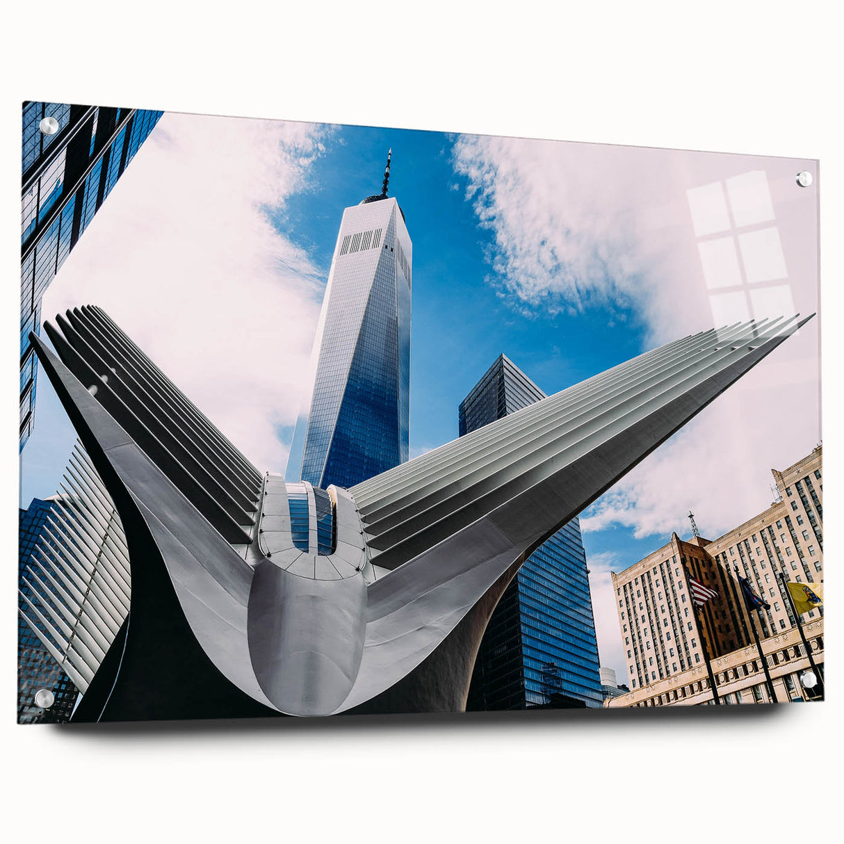 Acrylic print of New York City skyline in muted gray tones, ideal for modern bedroom or dining room decor.