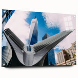 Acrylic print of New York City skyline in muted gray tones, ideal for modern bedroom or dining room decor.