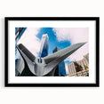 Extra large abstract art print of NYC's Twin Towers in vibrant, textured colors on a black framed canvas.