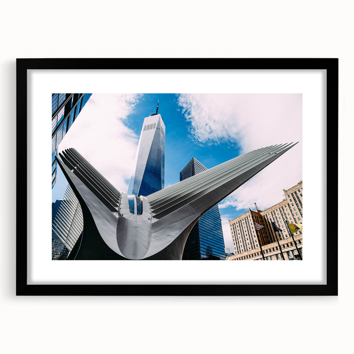 Extra large abstract art print of NYC's Twin Towers in vibrant, textured colors on a black framed canvas.