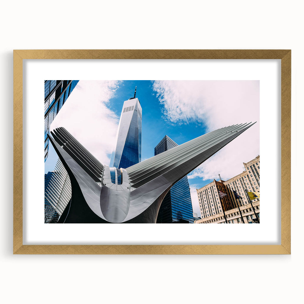 Extra large abstract art print of NYC skyline in textured gold frame, ideal for living room decor.