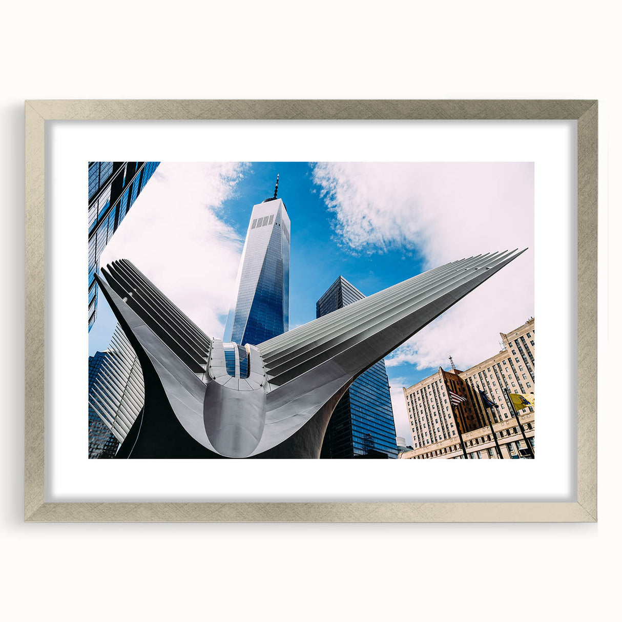 Textured art of abstract NYC skyline in muted gray, framed in silver, ideal for bedroom decor.