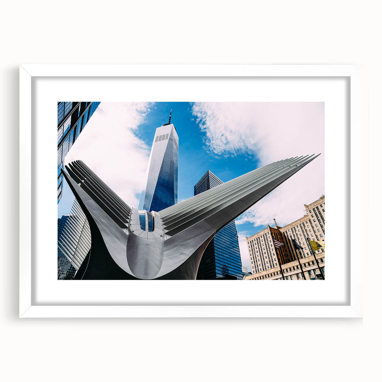 Abstract art print of NYC skyline in muted gray and blue tones, framed in white, ideal for dining room decor.